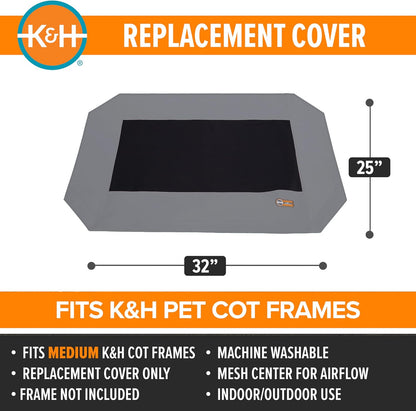 Dog Cot Replacement Cover, Designed to Fit K&H Medium Pet Cots (Sold Separately), Indoor Outdoor, Breathable Cooling Mesh Center, Machine Washable - Medium 32 X 25In Gray