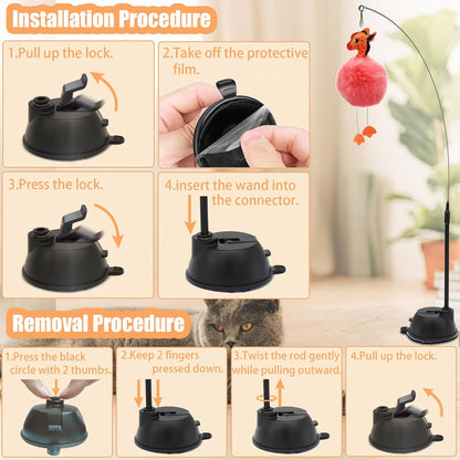 4-In-1 Interactive Cat Toys Set with Suction Cup Wand, Hanging Cat Toys, Fishing Pole Cat Wand & Kitten Balls- Includes Variety Replaceable Worms, Feathers for Indoor Bored Cats for Exercise