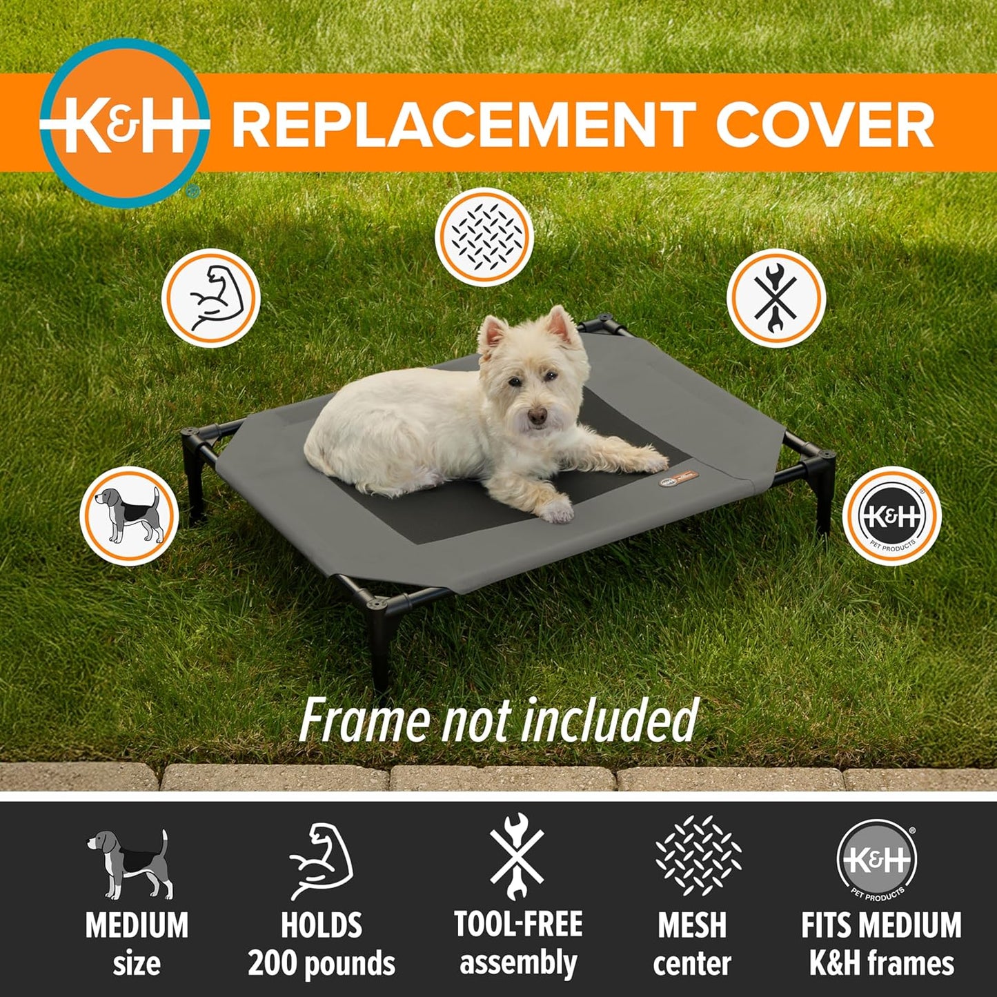 Dog Cot Replacement Cover, Designed to Fit K&H Medium Pet Cots (Sold Separately), Indoor Outdoor, Breathable Cooling Mesh Center, Machine Washable - Medium 32 X 25In Gray