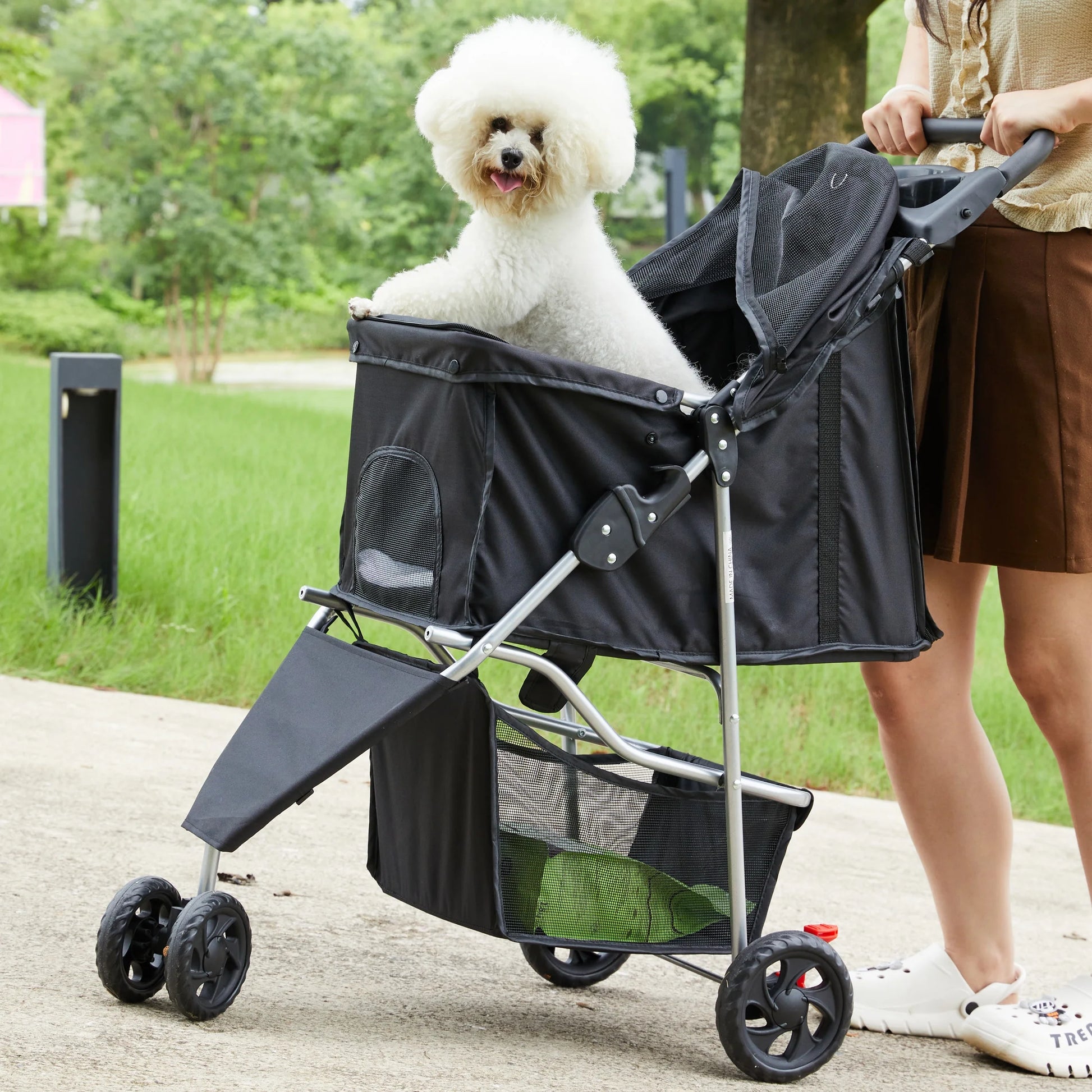 Dog Stroller, Pet Travel Folding Carrier with Storage Basket for Cat/Dog, 3 Wheels, Black