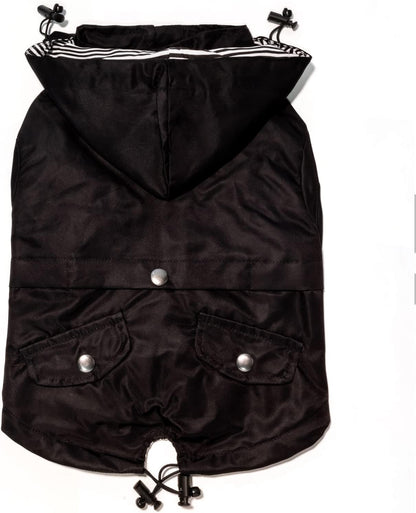 Midnight Black Zip up Dog Raincoat with Reflective Buttons, Pockets, Rain/Water Resistant, Adjustable Drawstring, & Removable Hood - XXS to XXL - Premium Dog Raincoats (Large, Black)