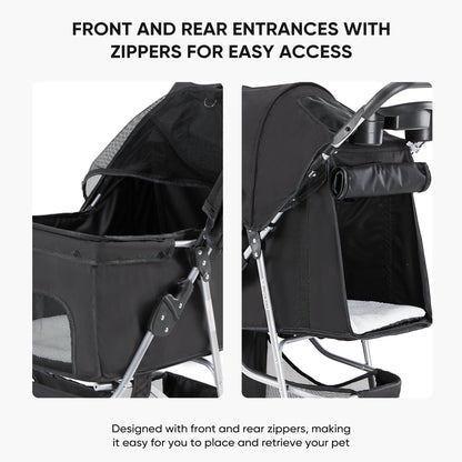 Dog Stroller, Pet Travel Folding Carrier with Storage Basket for Cat/Dog, 3 Wheels, Black