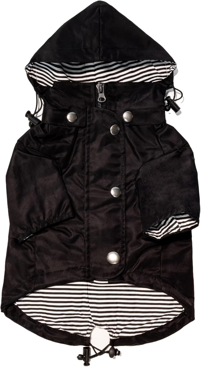 Midnight Black Zip up Dog Raincoat with Reflective Buttons, Pockets, Rain/Water Resistant, Adjustable Drawstring, & Removable Hood - XXS to XXL - Premium Dog Raincoats (Large, Black)
