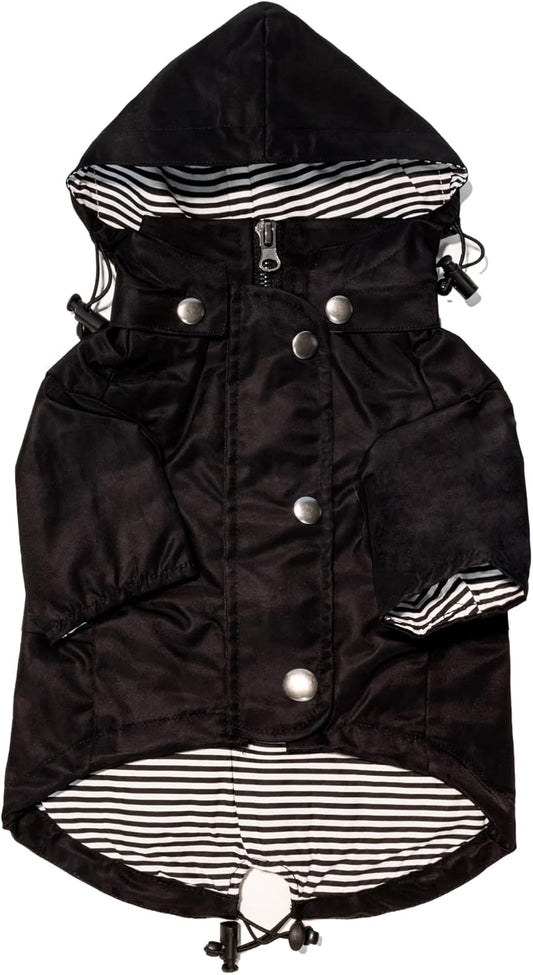 Midnight Black Zip up Dog Raincoat with Reflective Buttons, Pockets, Rain/Water Resistant, Adjustable Drawstring, & Removable Hood - XXS to XXL - Premium Dog Raincoats (Large, Black)