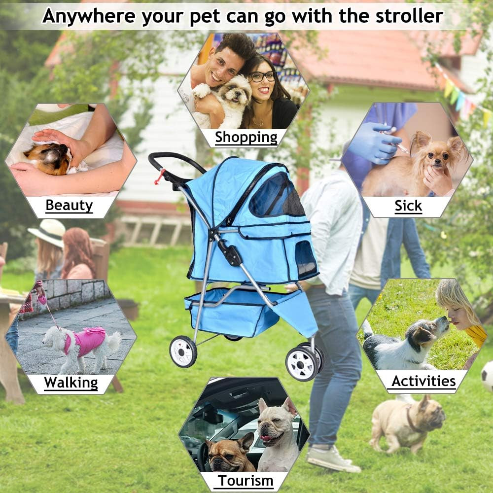 Pet Stroller Joggers Cat Dog Cage 3 Wheel Travel Folding Carriage Strollers with Cup Holder and Removable Pad