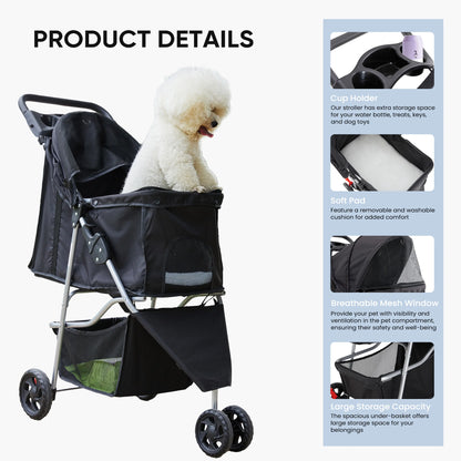 Dog Stroller, Pet Travel Folding Carrier with Storage Basket for Cat/Dog, 3 Wheels, Black